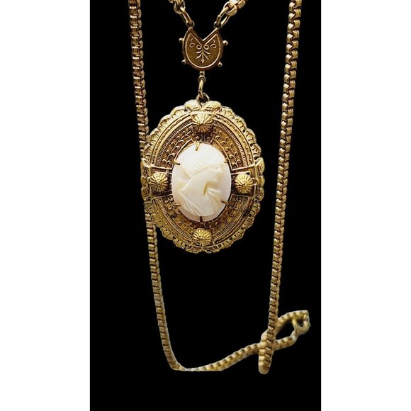 Antique Victorian Gold Filled Shell Cameo Necklace (A2551) - Picture 4 of 7
